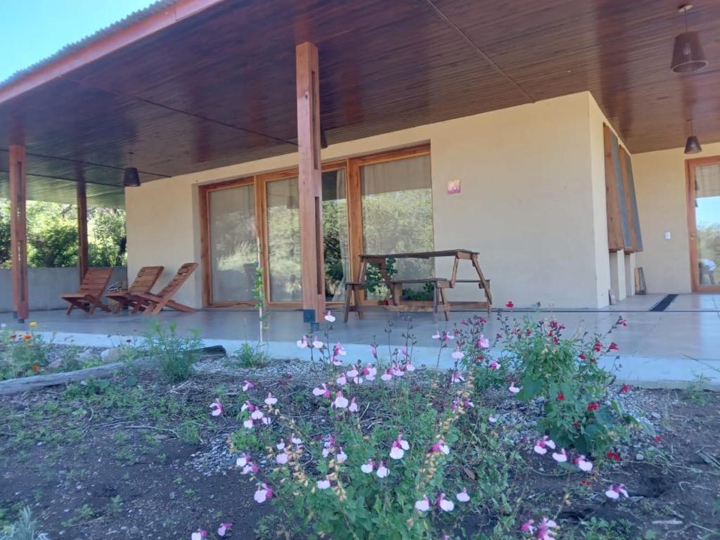a house with two chairs and flowers in the yard at Estación Tachyón Timalu , ETe-Nea in San Esteban