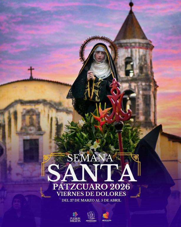 a poster of a woman standing in front of a church at Departamento - Roof Garden - Elevador - 5 min centro in Pátzcuaro