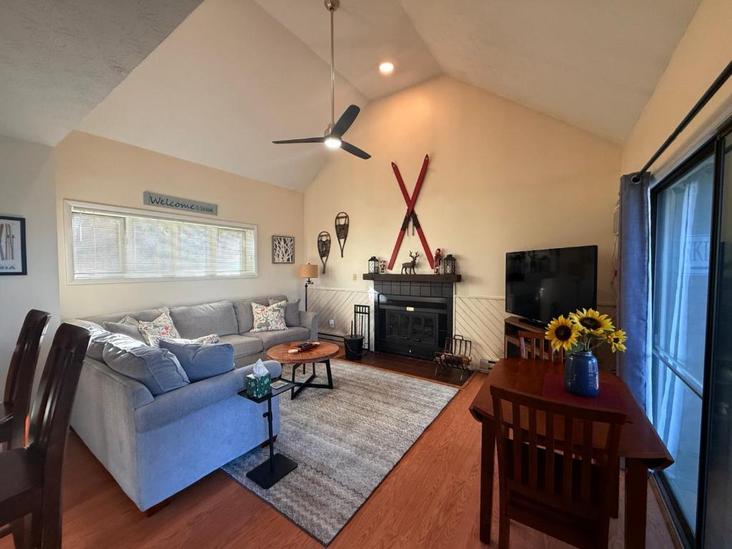 a living room with a blue couch and a tv at Private Mountain Condo in Wintergreen