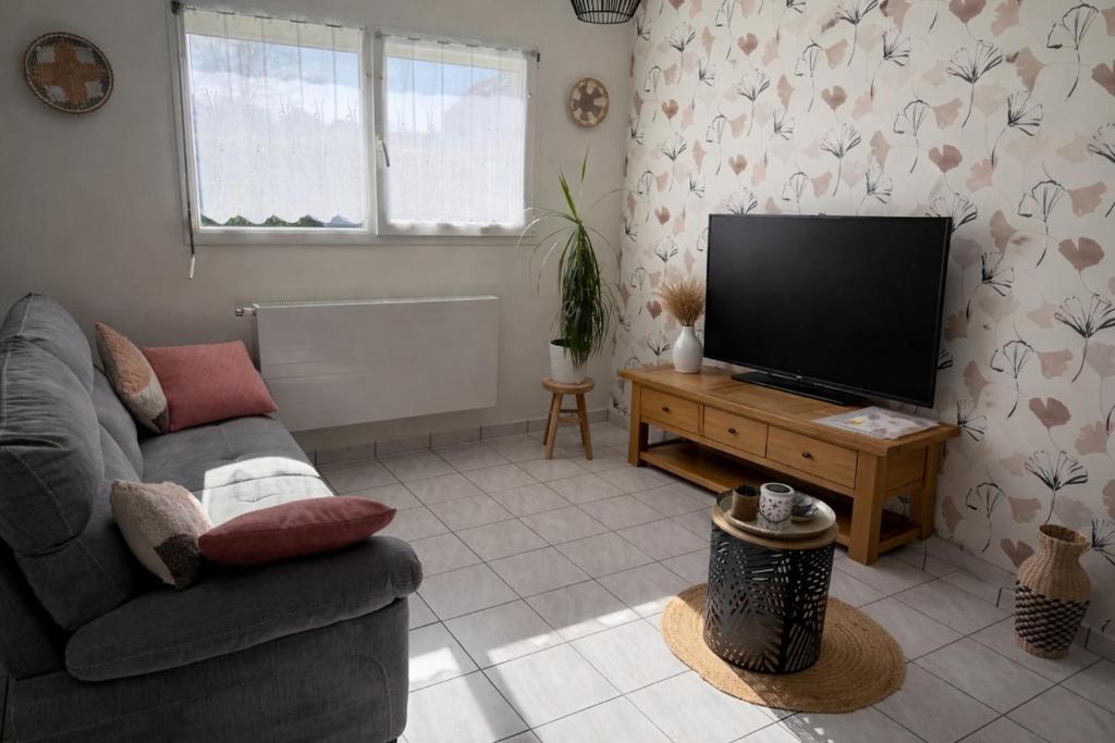 a living room with a couch and a flat screen tv at Le petit cocon in Brêmes