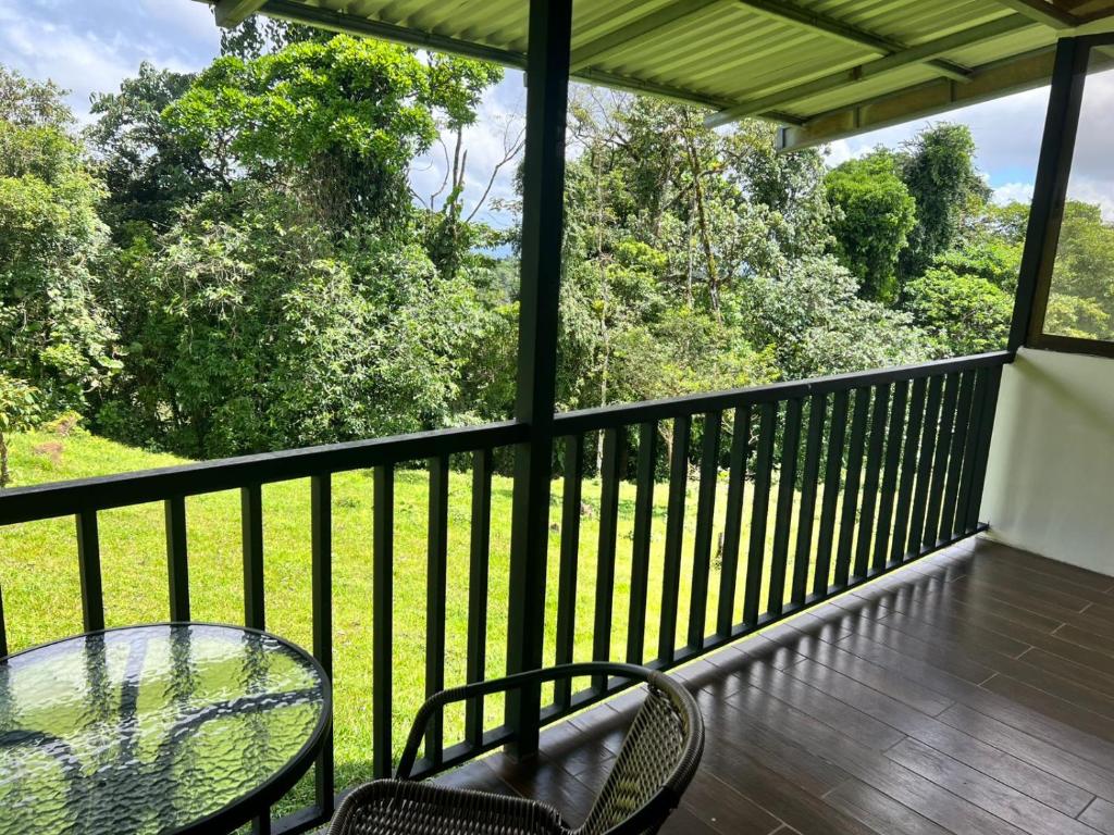 a porch with a glass table and chairs on a balcony at INTUS Lodge Rio Celeste in El pilon