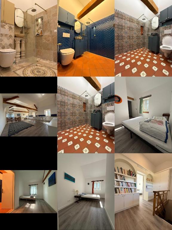 a collage of photos of a bedroom and a bathroom at La Colonie in Berry-Bouy