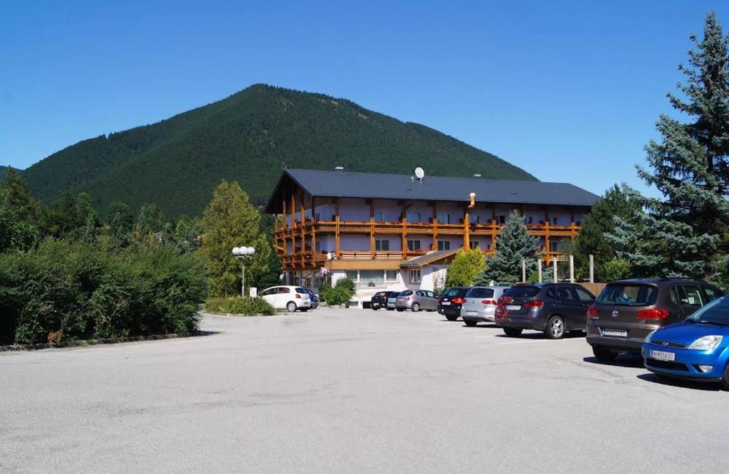 a large building with cars parked in a parking lot at Hotel Paradiesquelle Schneeberg in Puchberg am Schneeberg