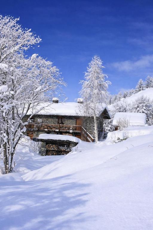 a house covered in snow with trees in the foreground at Les Chryolles - Les sources in Valmeinier
