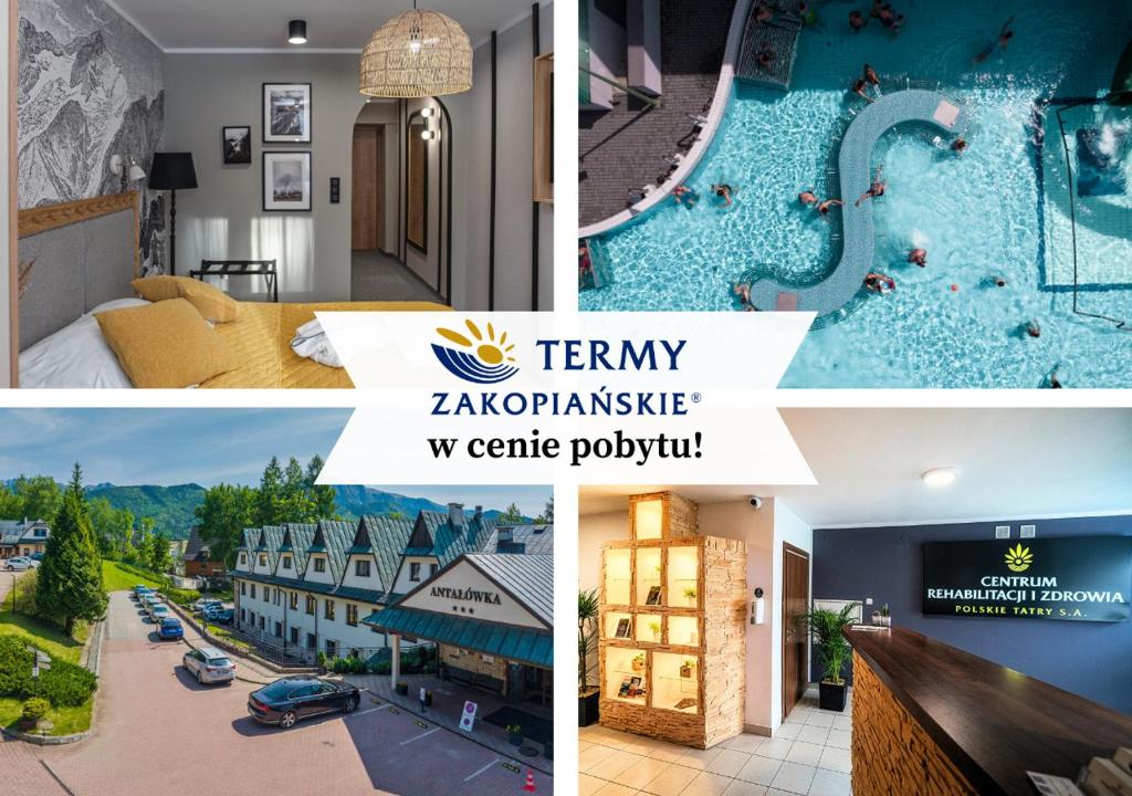 a collage of photos of a hotel with a swimming pool at Kompleks Antałówka Termy & Med in Zakopane