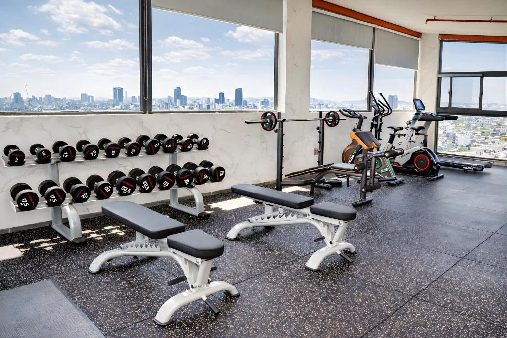 A bright gym with free weights, benches and cardio equipment overlooking the city.