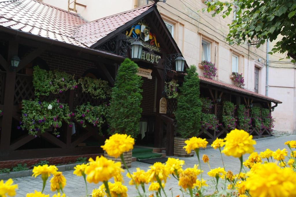 a building with yellow flowers in front of it at Apartment Tsentr on Pochtovaya in Chernivtsi