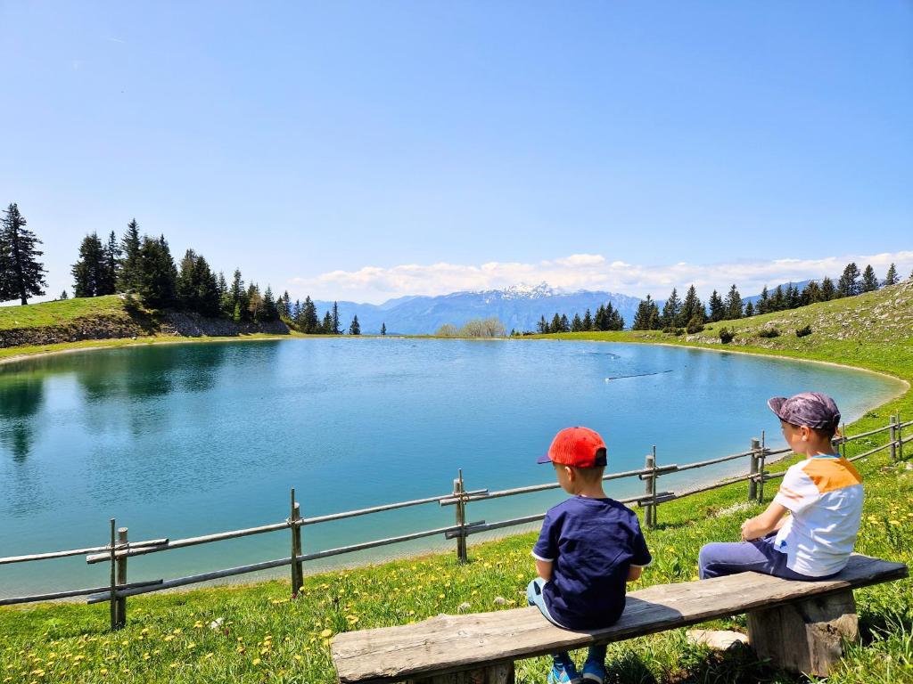 two children sitting on a bench looking at a lake at Apartment MOUNTAIN BLOOM Golte in Mozirje