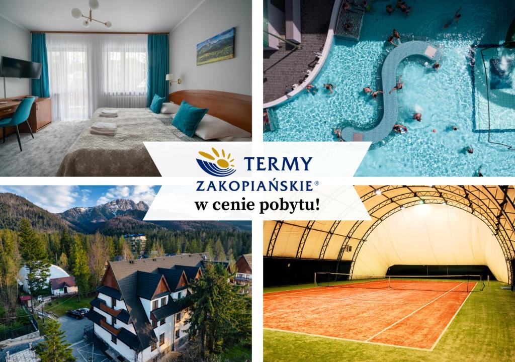 a collage of pictures of a hotel with a tennis court at Zespół Dolina Białego - Pensjonat Telimena in Zakopane
