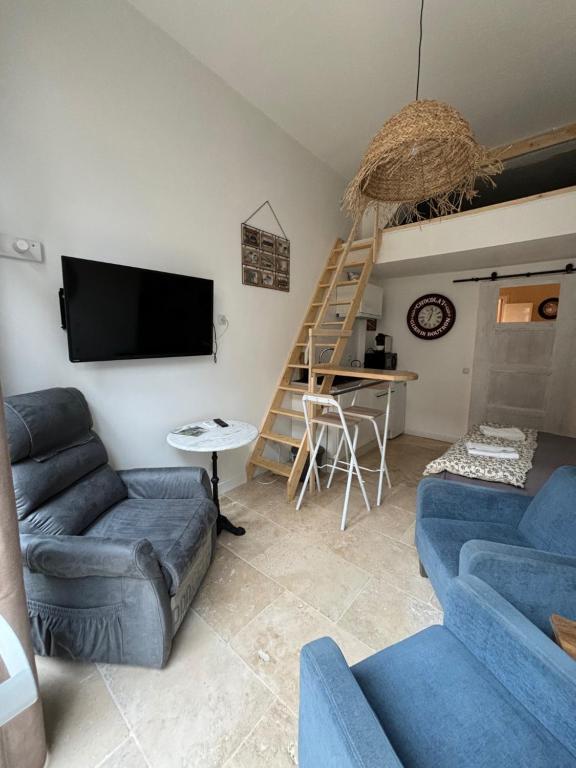 a living room with a couch and a tv at Les Capucins de Provins Studio in Provins