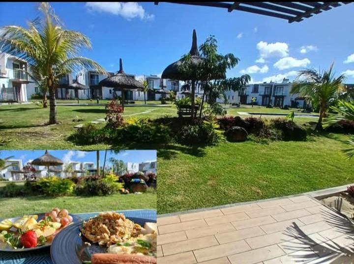 a collage of pictures of a table with a plate of food at Duplex Green Village in Grande Gaube
