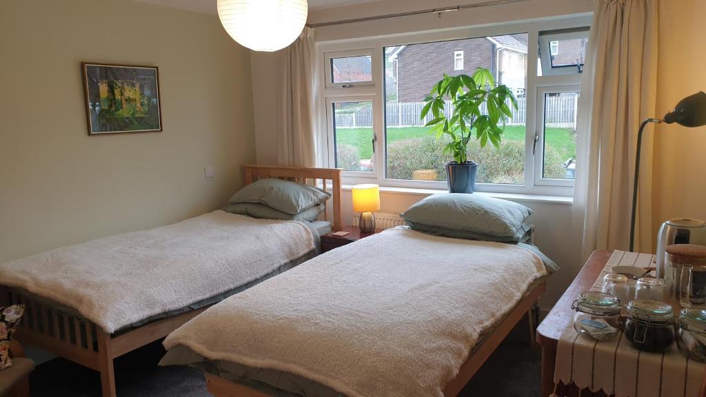two twin beds in a room with a window at 15 Kershaw Crescent in Luddenden Foot