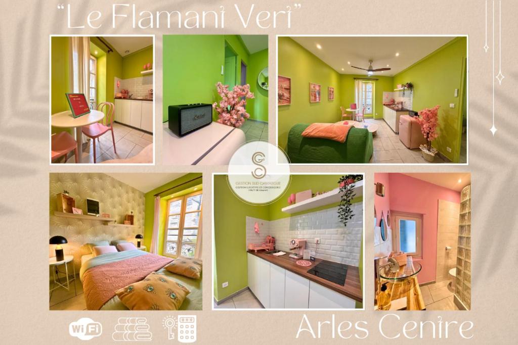 a collage of pictures of a room with green and pink at Arles Getaway - Le Flamant Vert in Arles
