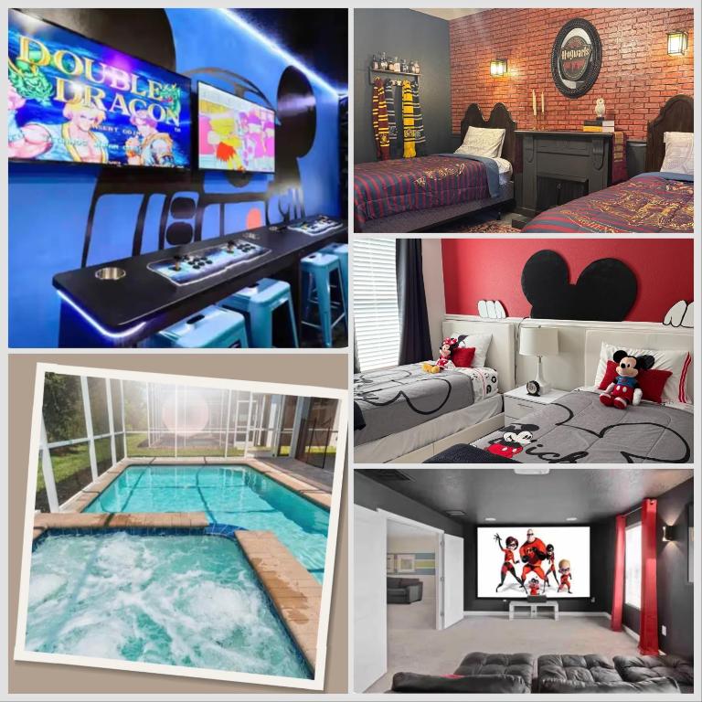 a collage of pictures of a hotel room with a swimming pool at Disney 8BR South Pool Theater Arcade Harry Potter Room in Davenport