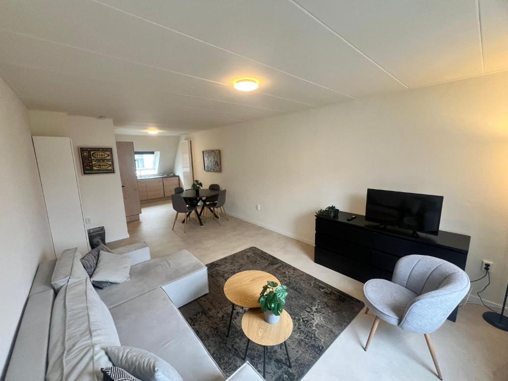 a living room with a couch and chairs and a television at Appartement Daalseweg in Nijmegen