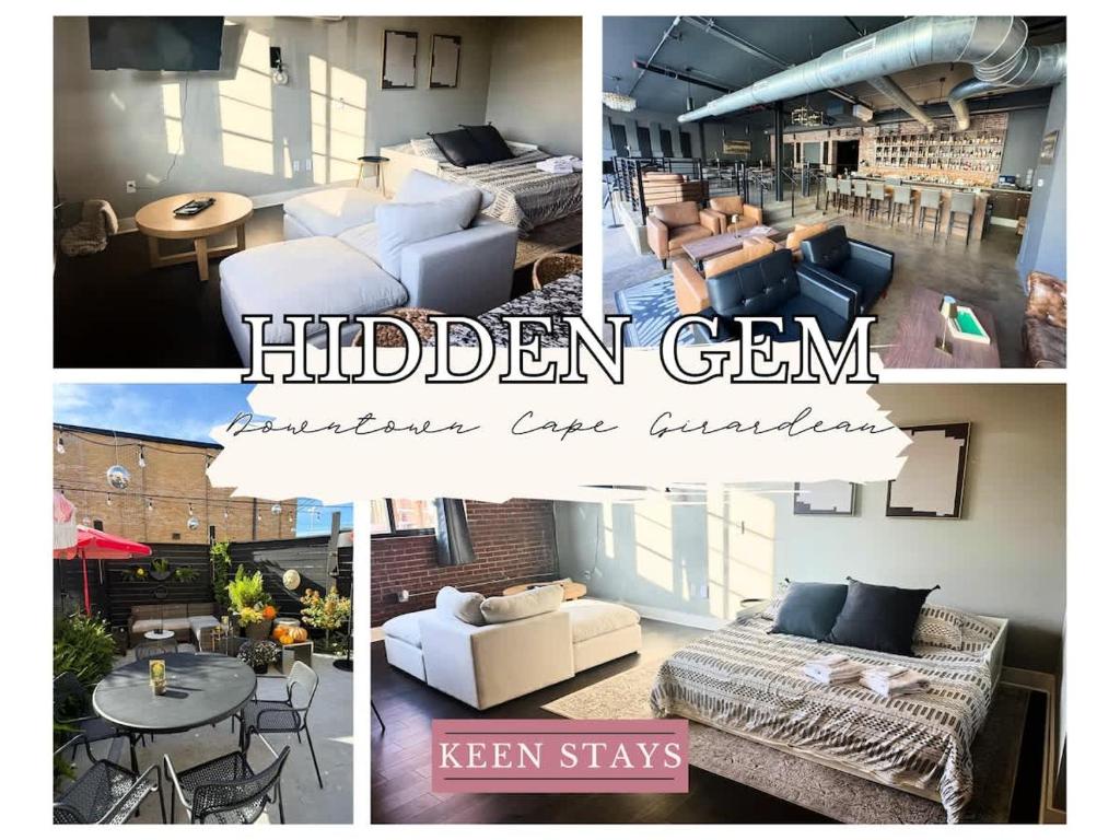 a collage of pictures of a living room with furniture at Studio Apt King Bed Full Kitchen By KeenStays in Cape Girardeau