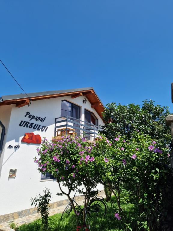 a white building with a sign on it at Popasul Ursului Zărnești in Zărneşti