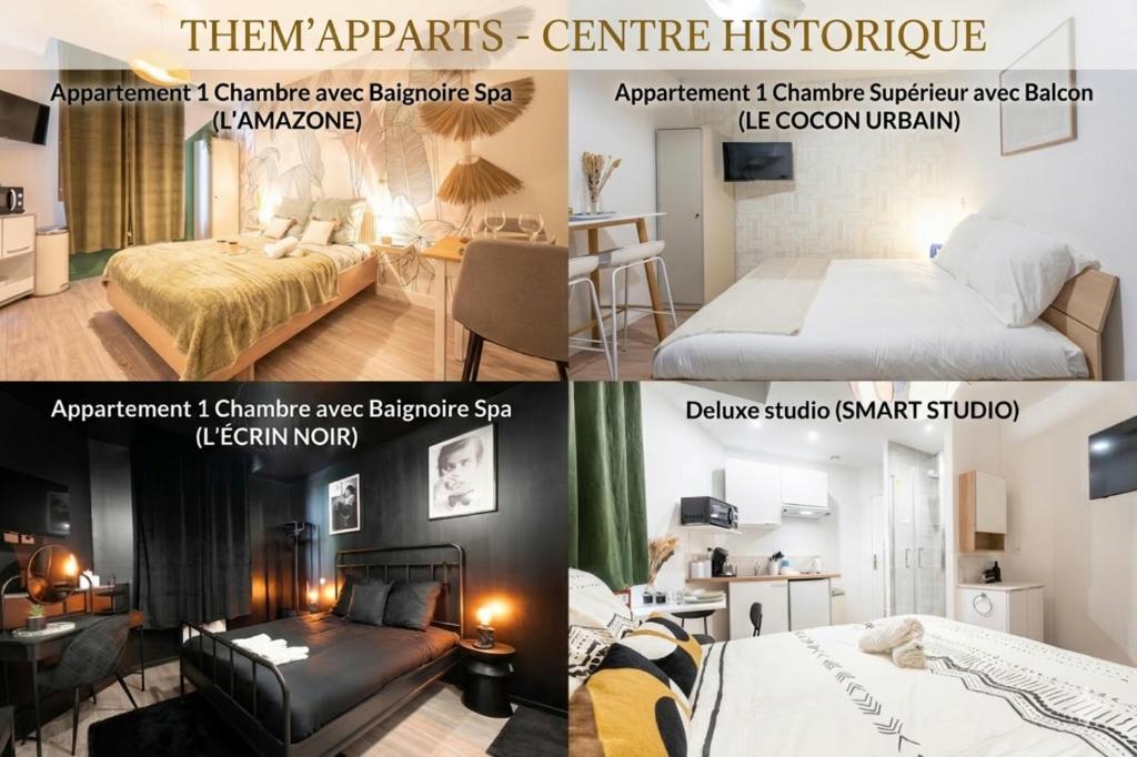 a collage of photos of a bedroom and a living room at THEM'APPARTS BORDEAUX Sainte Croix in Bordeaux