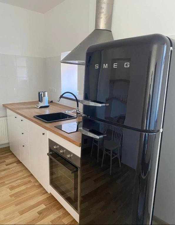 a kitchen with a black refrigerator and a counter at St Johns sunny side apartment in Cēsis