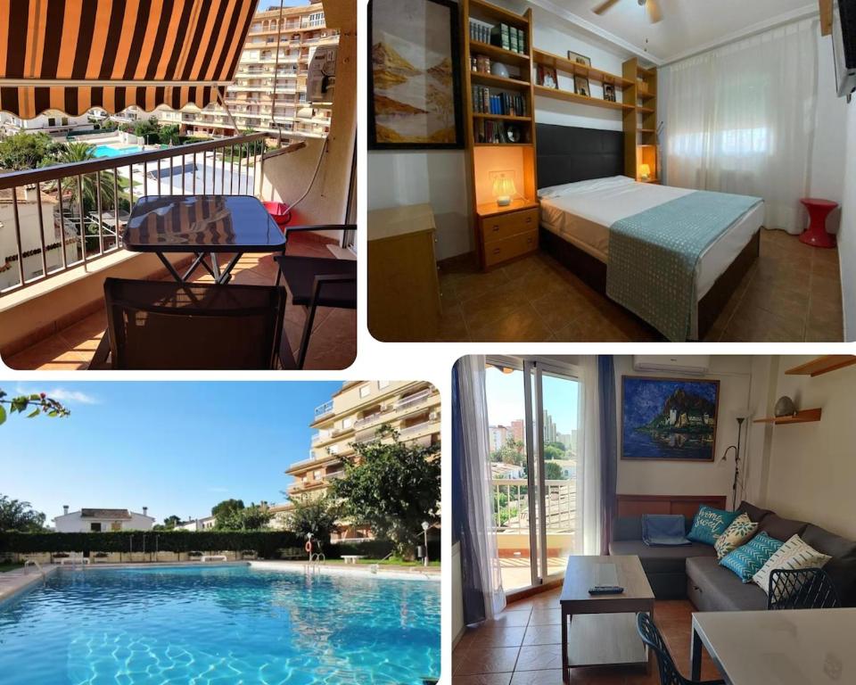 a hotel room with a bed and a swimming pool at Apto 1 Hab, Terraza & Piscina, 5 min Playa in Playa de Gandia