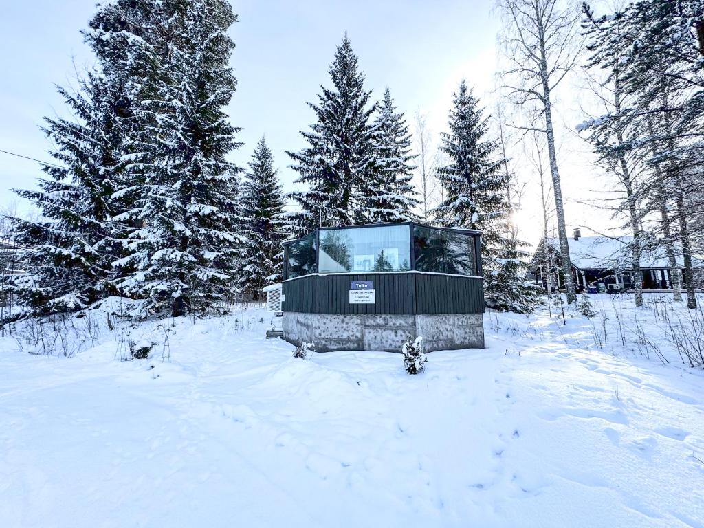 a building in the snow with trees at Panorama Iglu Hankasalmi Resort in Hankasalmi
