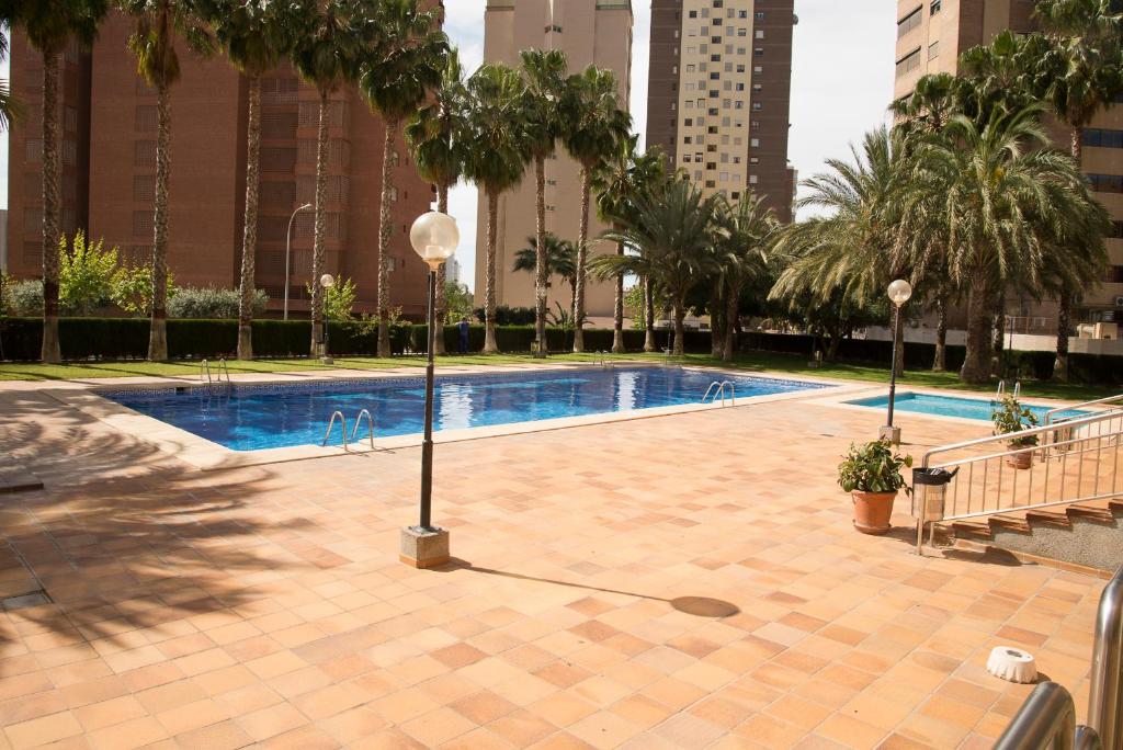 a swimming pool in a city with tall buildings at Paraiso Centro Alquilevante in Benidorm