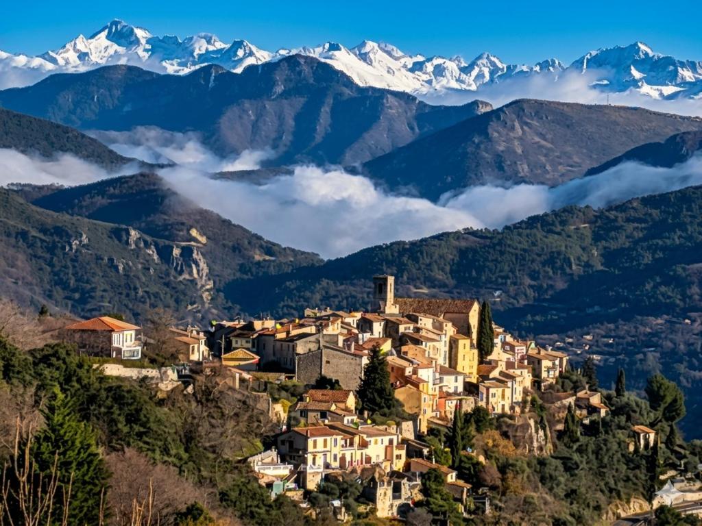 a town on a hill with mountains in the background at Maison Barnoin-Chambres et villas au calme proche Nice in Bouyon