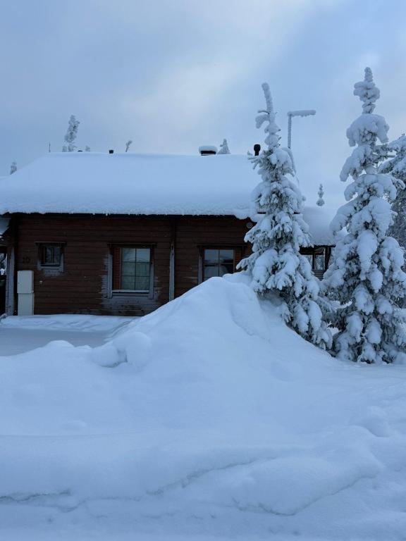 a house covered in snow with trees in front of it at Ailo Iso-Syöte in Pudasjärvi