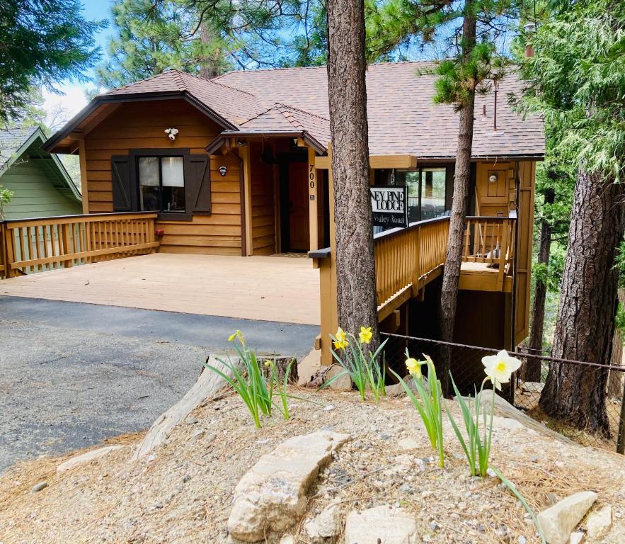 a wooden house with a porch and a driveway at Cozy 3BR Dog-Friendly Cabin- Level 2 EV Chgr in Lake Arrowhead