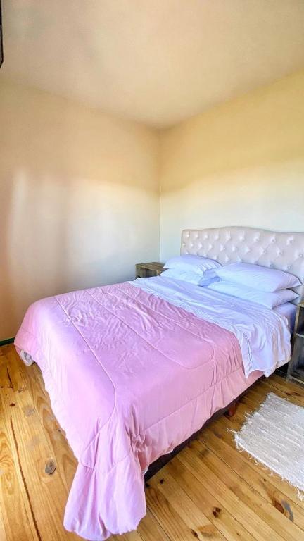 a pink bed in a bedroom with a wooden floor at Vale de Cambara in Cambará
