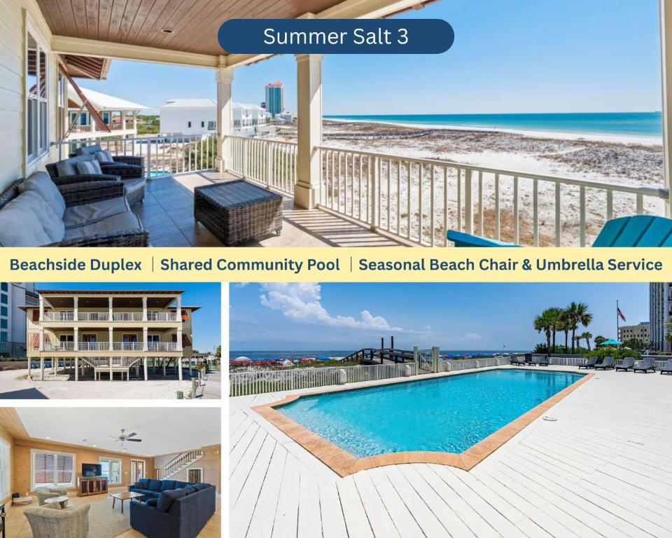 a collage of three pictures of a swimming pool on a beach at Summer Salt 3 East by Youngs Suncoast in Orange Beach