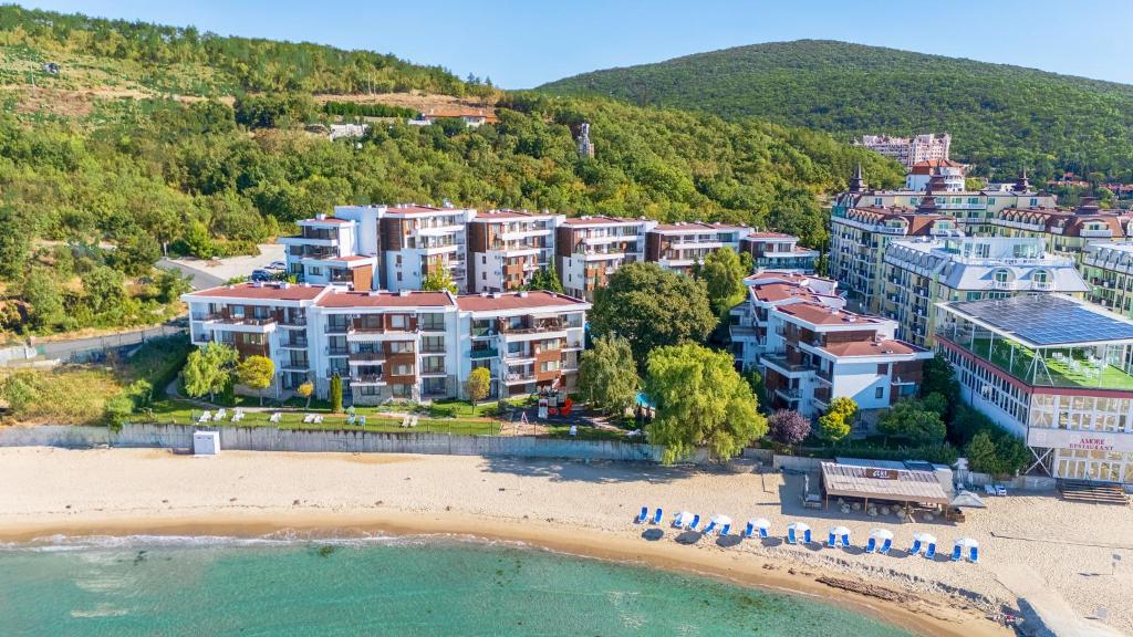 an aerial view of a beach and buildings at Messambria Beach Apartments in Sveti Vlas