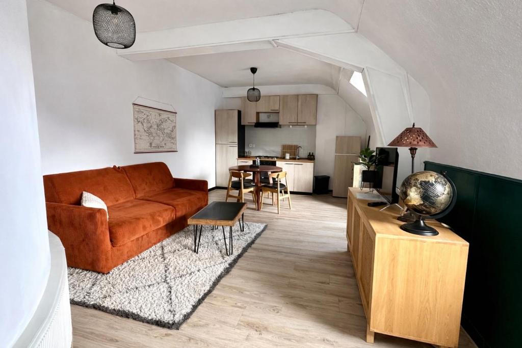 a living room with a couch and a table at Appartement Centre ville Le blanc in Le Blanc
