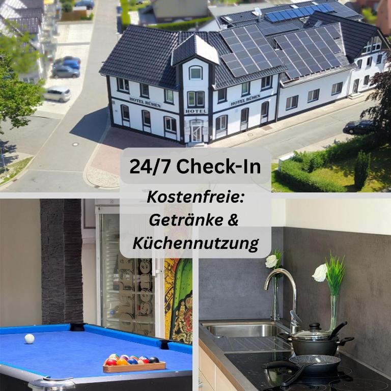 a collage of photos of a house with a pool table at Hotel Rühen, 24 Stunden Check in, Küche, kostenfreie Parkplätze in Rühen