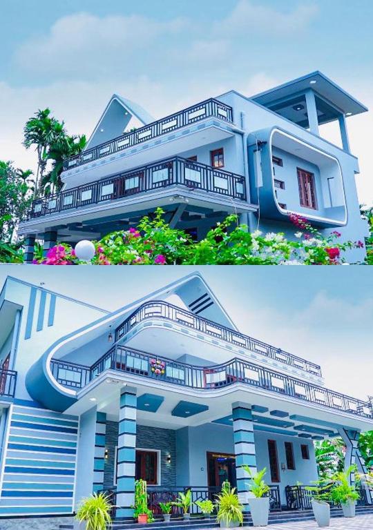 two pictures of a house with a balcony at Asmi Villa in Jaffna