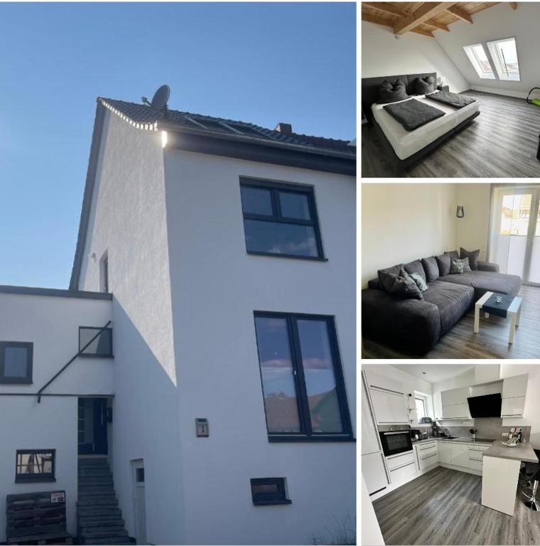 three pictures of a living room and a house at Apartment Lindenstein in Fritzlar