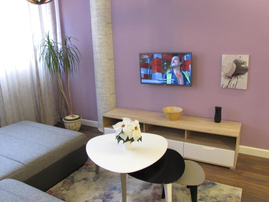 een woonkamer met een bank en een tafel bij Apartments Tom&Jerry in Belgrado