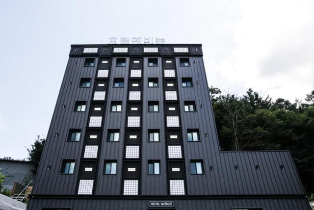 a tall black building with many windows at Hotel Avenue in Tansa-gol
