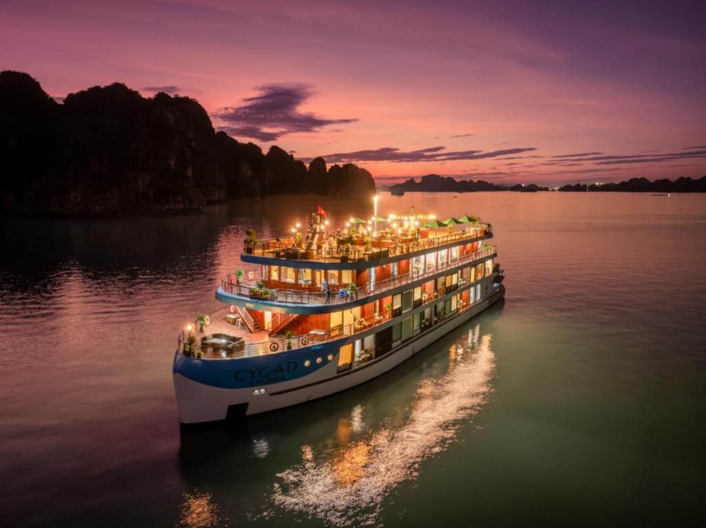 a boat in the water with lights on at Cycad cruise in Ha Long