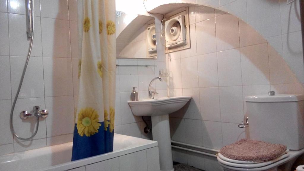 e bagno con lavandino, servizi igienici e doccia. di Eskaleh Eco-Lodge ad Abu Simbel