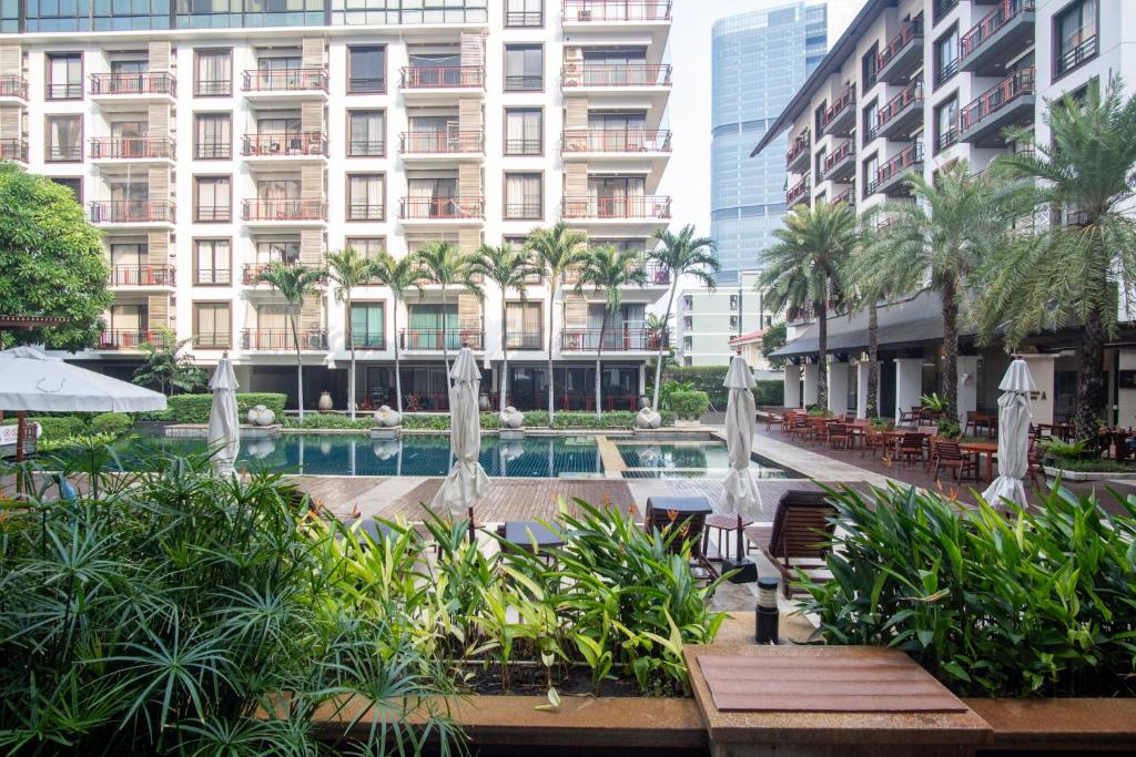 A planted pool deck with loungers and hotel buildings enclosing the courtyard.