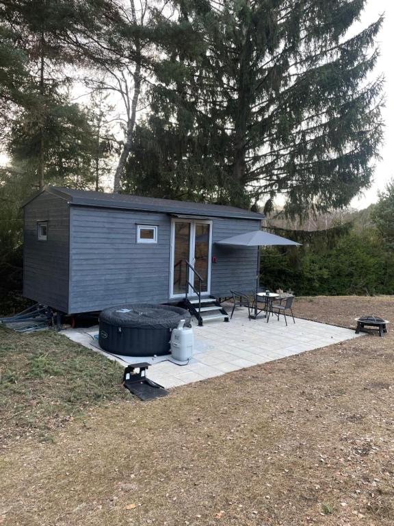a small blue shed with a grill and a table at maringotky Šumava in Dlouhá Ves