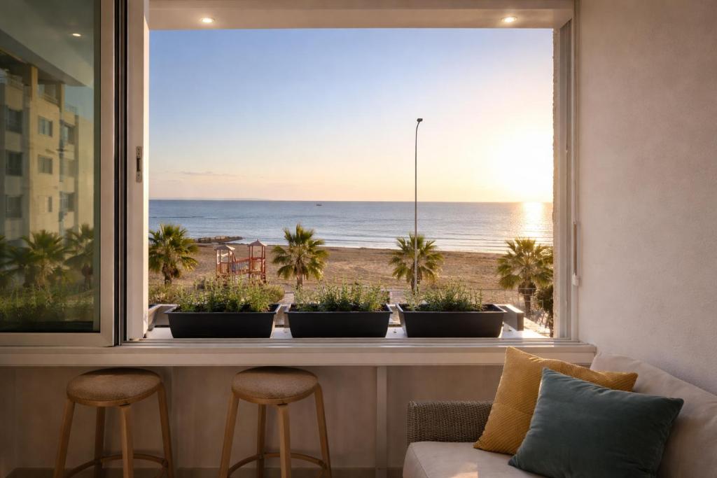 a window with a view of the beach at Mackenzie Beachfront Panorama in Larnaca