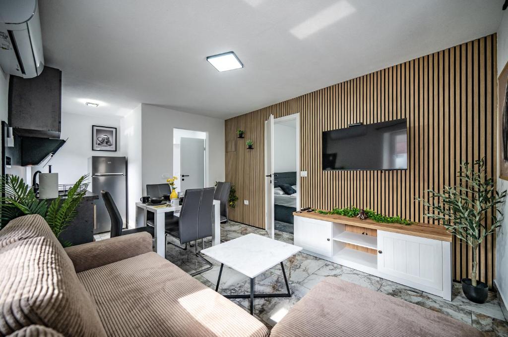 a living room with a couch and a television on a wall at MVSV Apartment in Kamnik