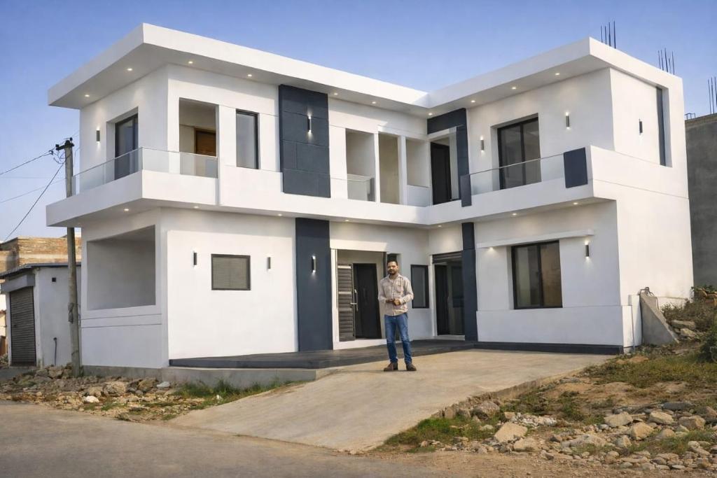 a woman standing in front of a white house at Chohan guest house in Khātu