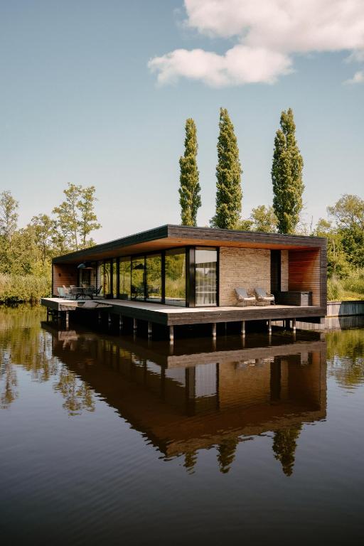 a house on a dock on a body of water at Haven Lake Village in Kortenhoef