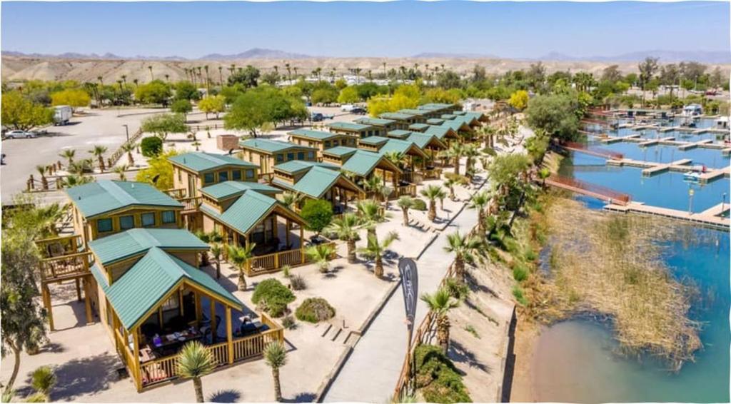 an aerial view of a marina at a resort at Pirate Cove Resort in Needles