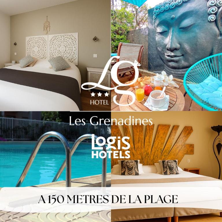 a collage of two pictures of a hotel room with a pool at Logis Hôtel Les Grenadines in Cap d'Agde