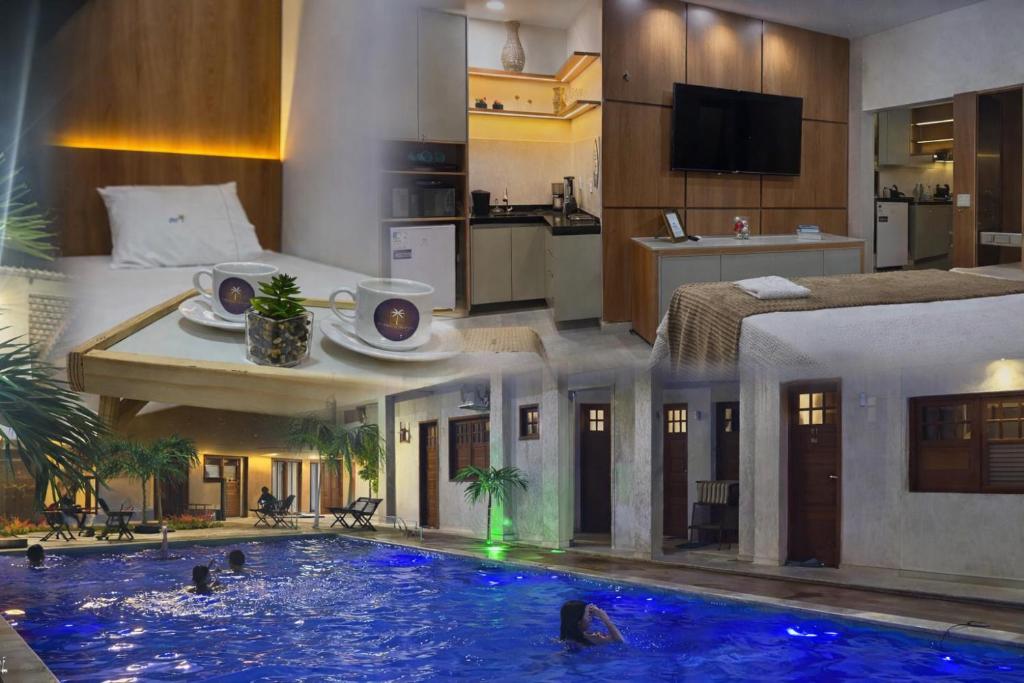 a large swimming pool in a living room with a bed at Residencial Ibiapaba Flat 16 - Com piscina e ótima localização in Camocim