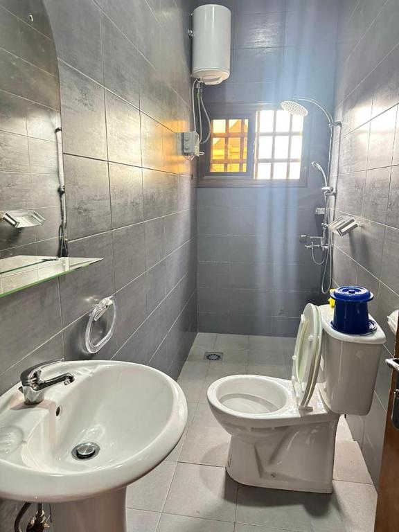 a bathroom with a white toilet and a sink at Appartement d'une chambre salon in Wonyomé